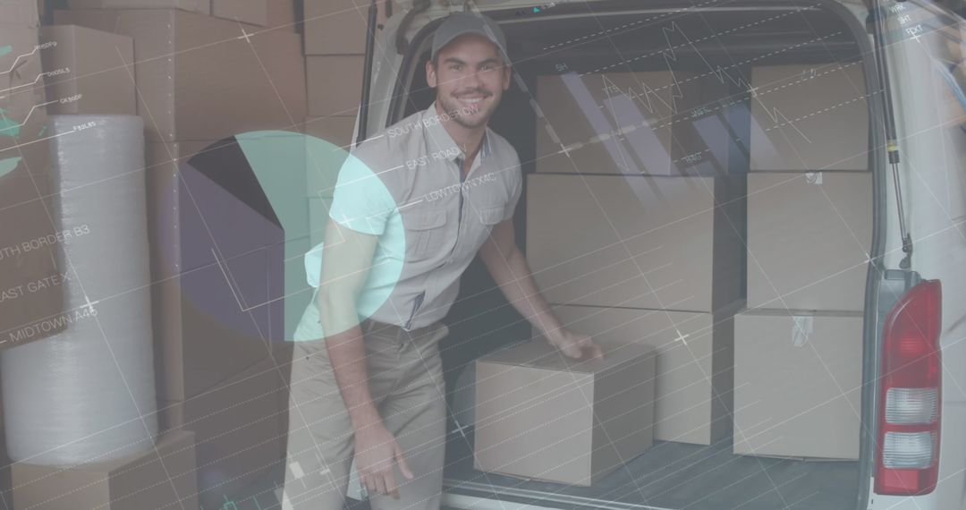 Logistics Integration: Delivery Man Organizing Packages and Data Overlay