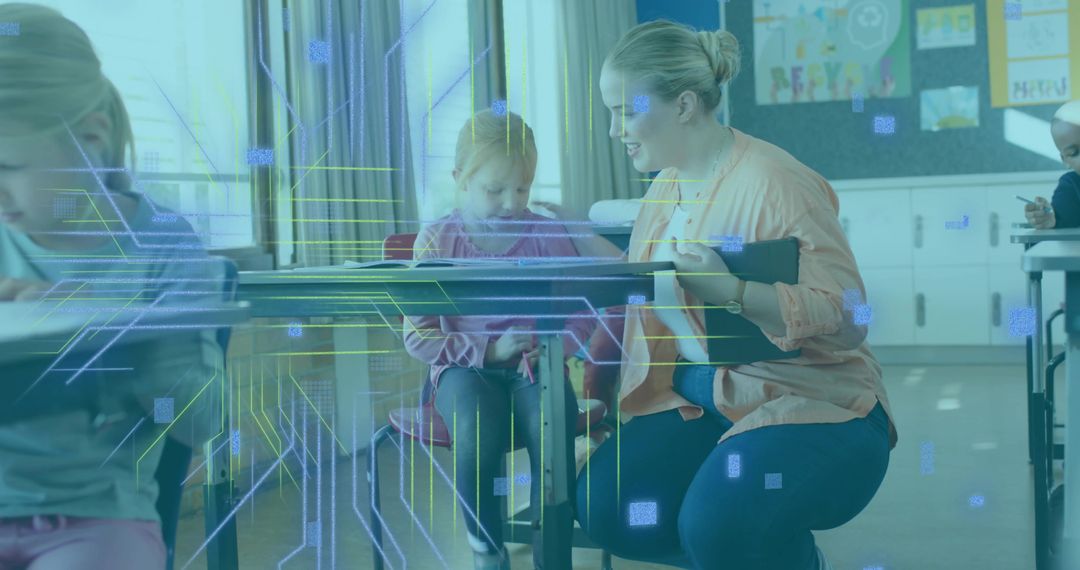 Teacher Guiding Young Student Using Tablet with Futuristic Augmented Reality Overlay