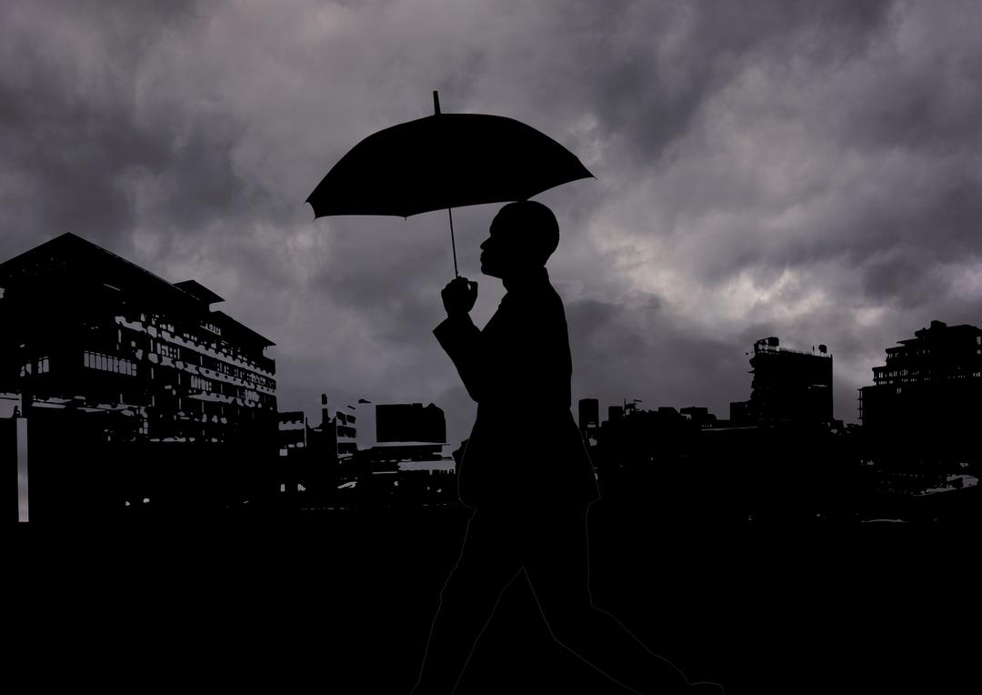 Silhouette of Man with Umbrella Walking through Dark Cityscape - Free Images, Stock Photos and Pictures on Pikwizard.com