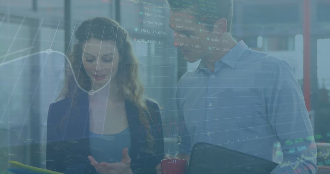 Colleagues Analyzing Data with Stock Market Overlay