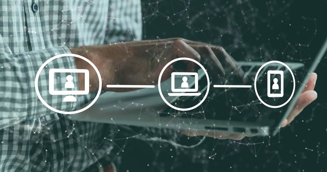 Man using digital tablet under technology graphics overlay