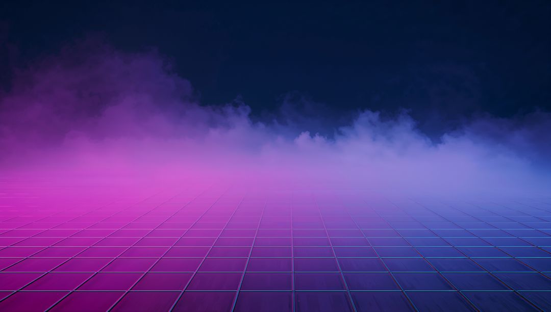Neon Synthwave Tiled Grid with Magenta Fog, Reflective Metallic Seams and Cinematic Horizon