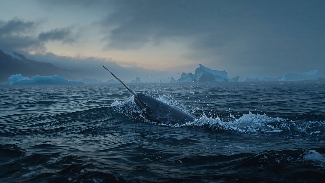 Narwhal Breaching in Icy Arctic Ocean with Misty Icebergs at Dawn