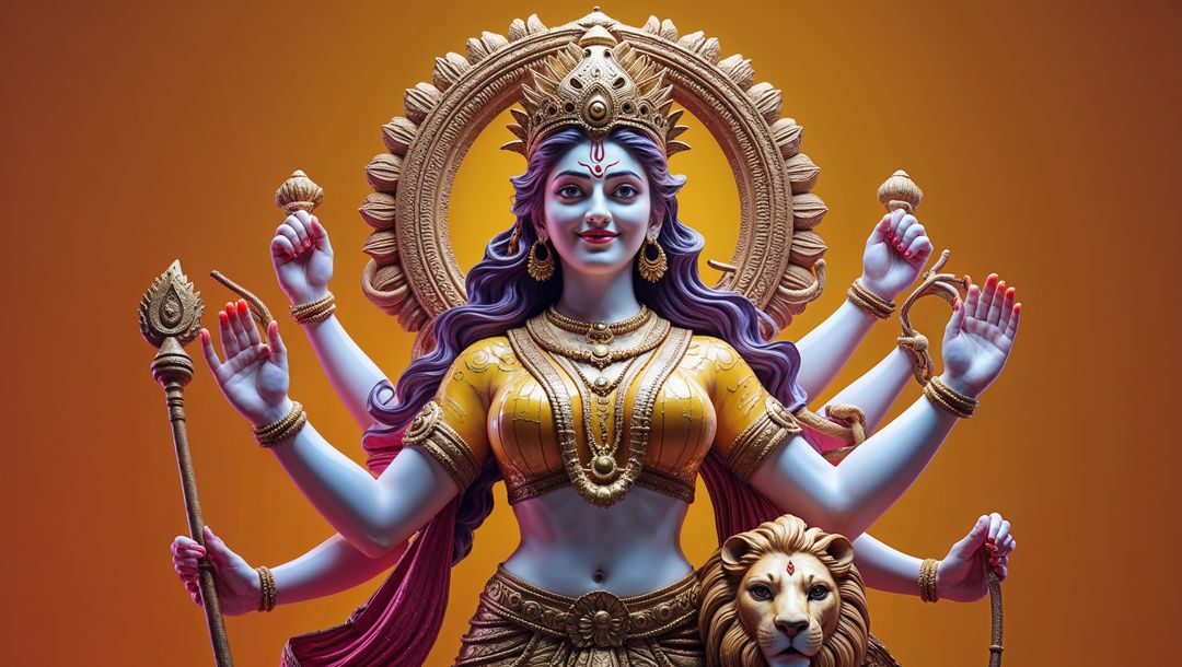 Crowned Eight-Armed Goddess Statue on Lion with Ritual Objects