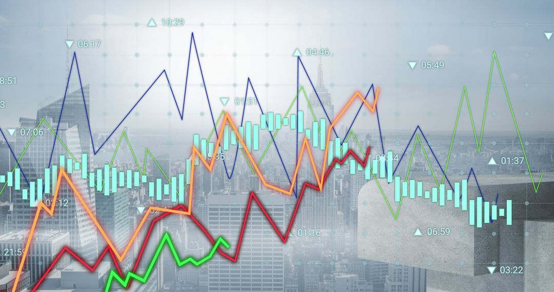 Futuristic Business Data Graphs over City Skyline