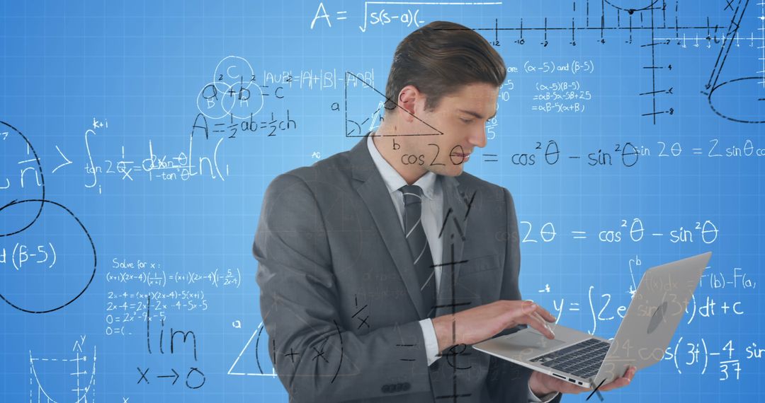 Businessman Using Laptop with Mathematical Formulas in Background - Free Images, Stock Photos and Pictures on Pikwizard.com