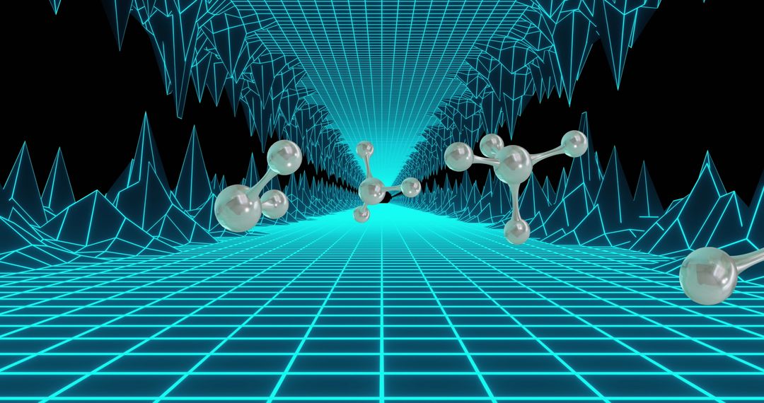 Futuristic 3D Molecules in Sci-Fi Gridded Tunnel