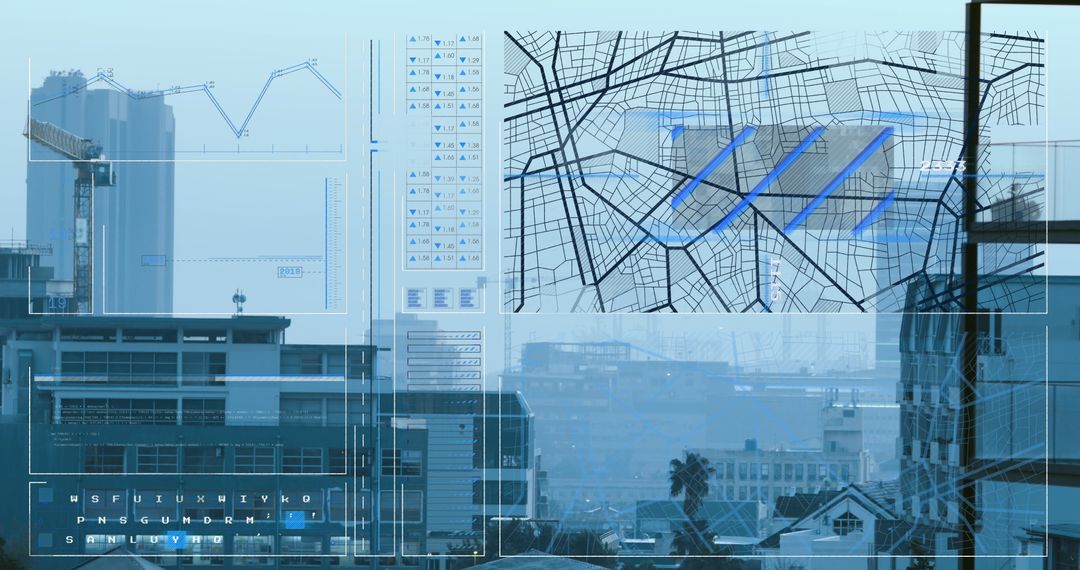 Futuristic Interface with Data over Modern Cityscape
