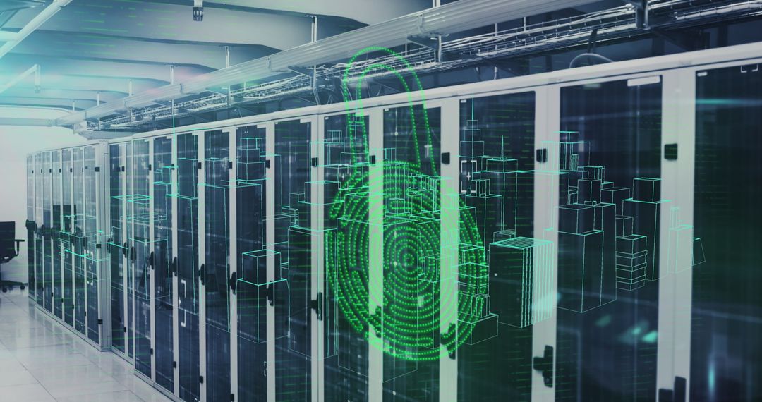 Cybersecurity Concept with Padlock and Data Center Visualization