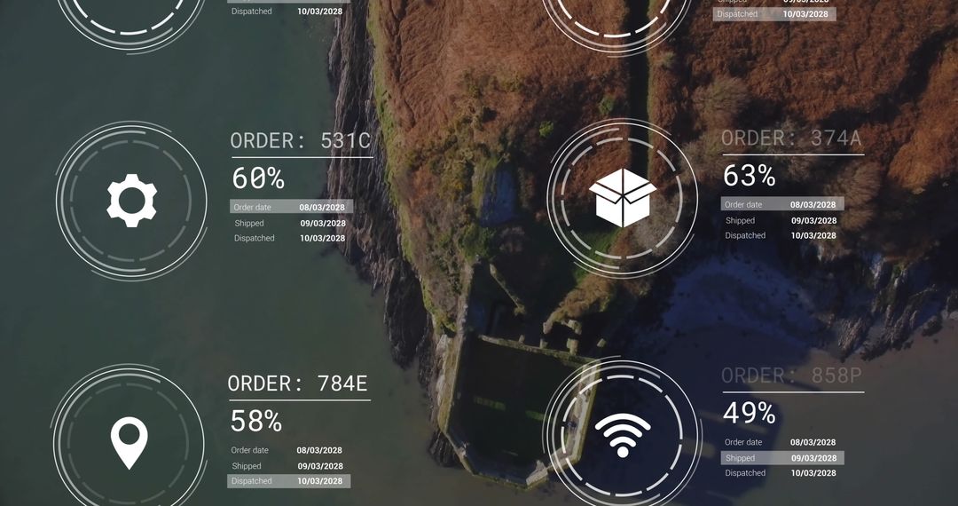 Aerial View with Digital Data Graphics and Icons Overlay
