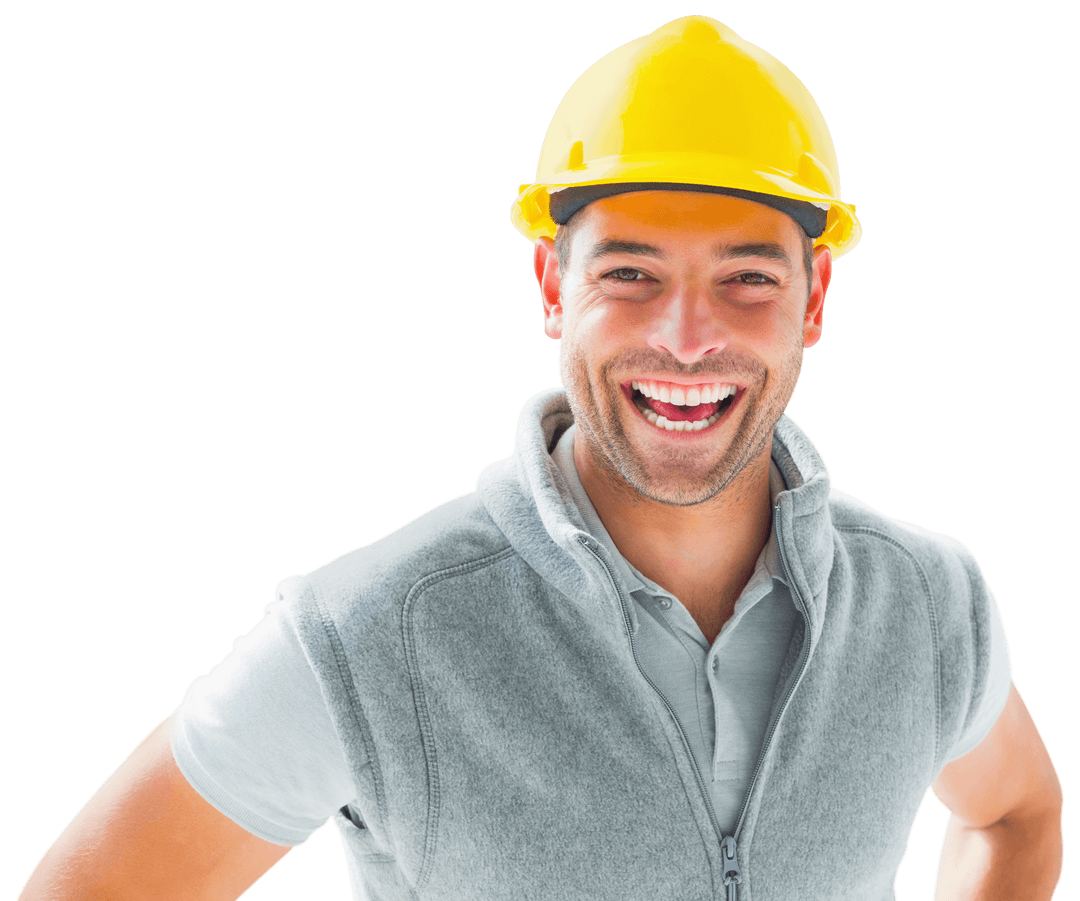 Happy Construction Worker Laughing Wearing Yellow Hard Hat Transparent Background