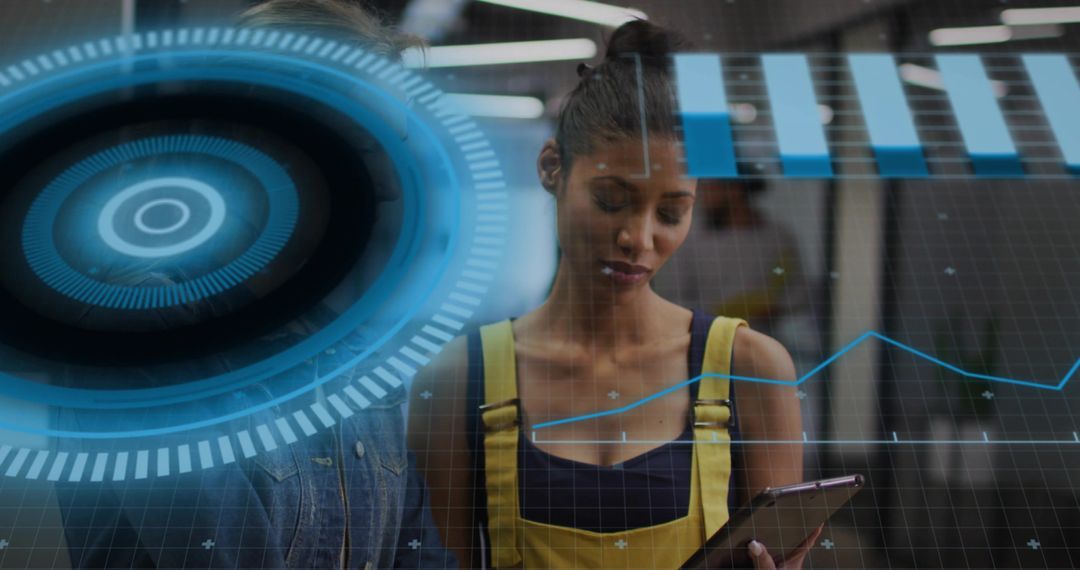 Woman Using Tablet with Holographic Interface, Futuristic Collaborative Workspace Analytics