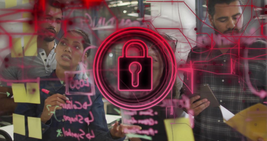 Collaborative Team Brainstorming Cybersecurity Concepts on Glass Board with Neon Padlock