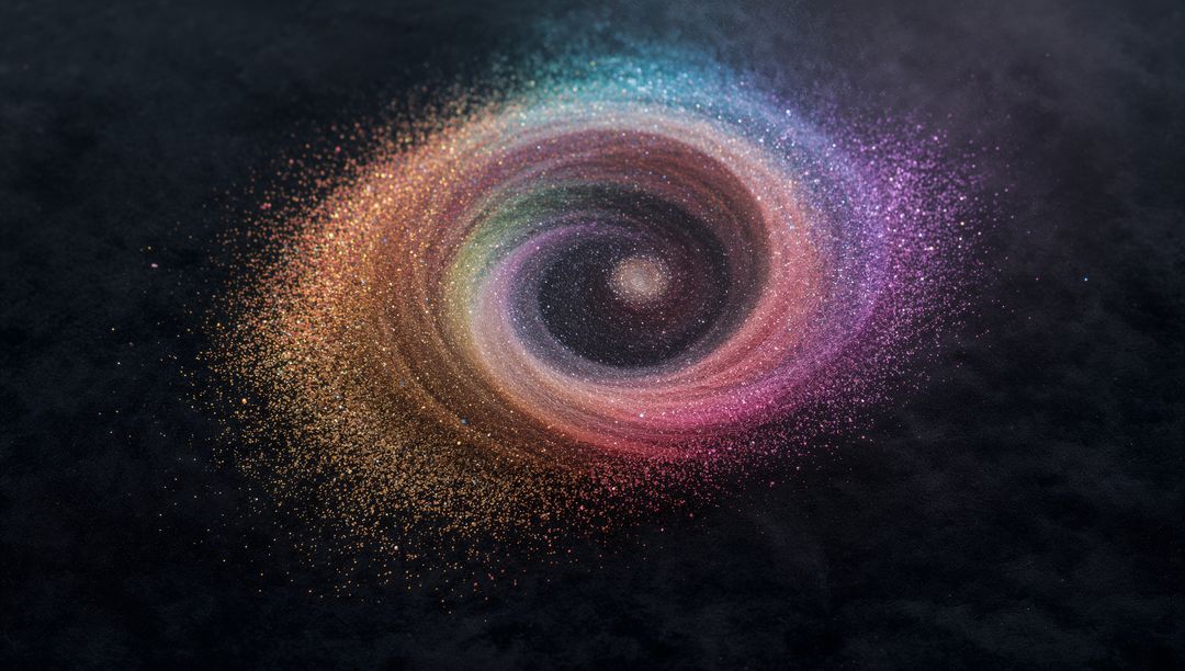 Swirling Multicolor Cosmic Vortex of Glittering Particles with Gold-Blue Core Halo