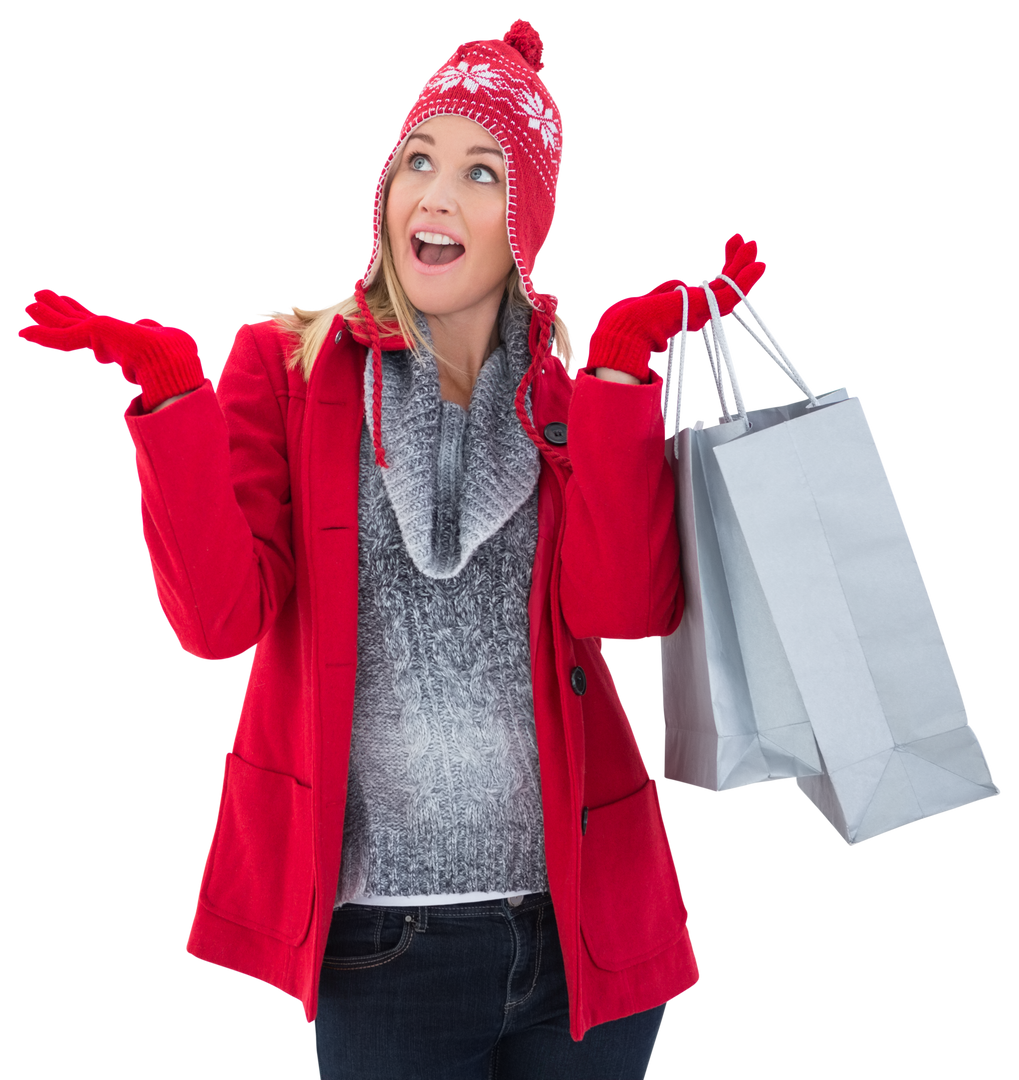 Happy Blonde Woman in Winter Clothes Holding Shopping Bags, Transparent Background - Download Free Stock Images Pikwizard.com