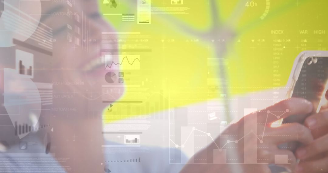 Businesswoman Analyzing Data on Smartphone with Overlaid Infographics