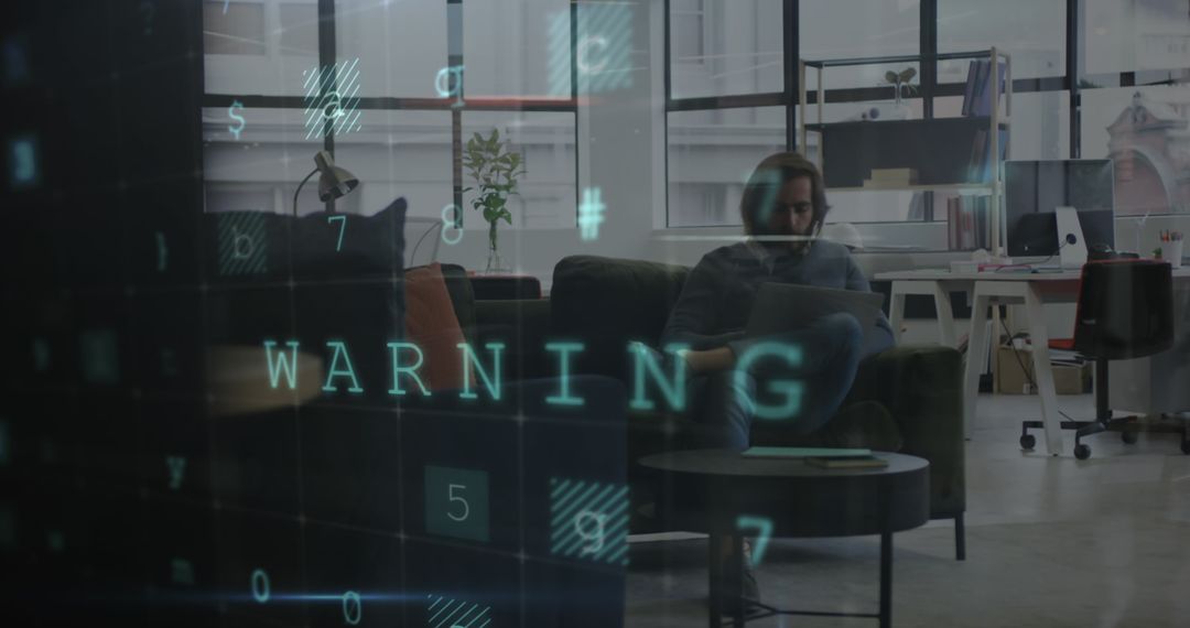 Caucasian Businessman in Office with Hacking Warning and Code