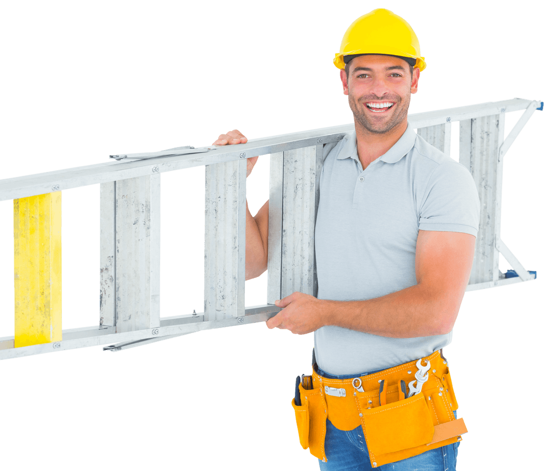 Smiling Construction Worker Carrying Ladder Transparent Background