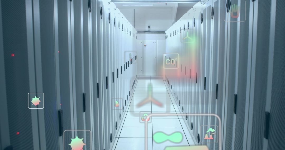 Futuristic Data Server Room with Digital Overlay Icons