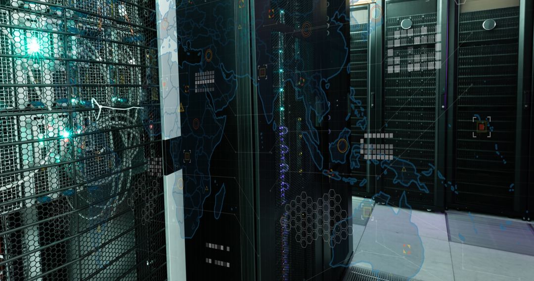 Server Room with Digital World Map Overlaying Global Connectivity