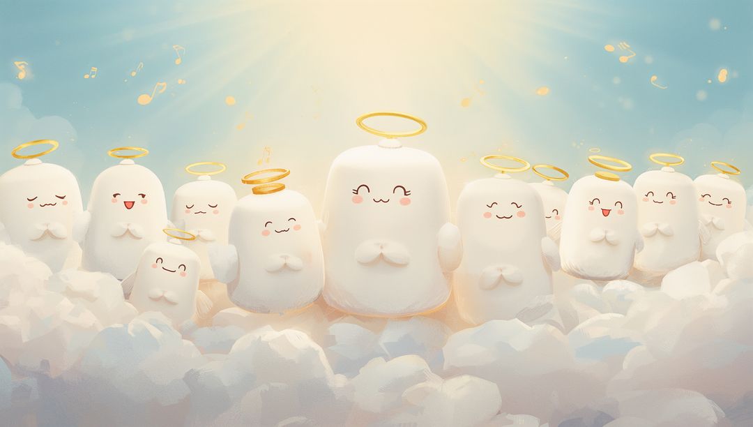 Floating pillowy angel choir clasping hands on clouds with golden halos and musical notes pastel kaw