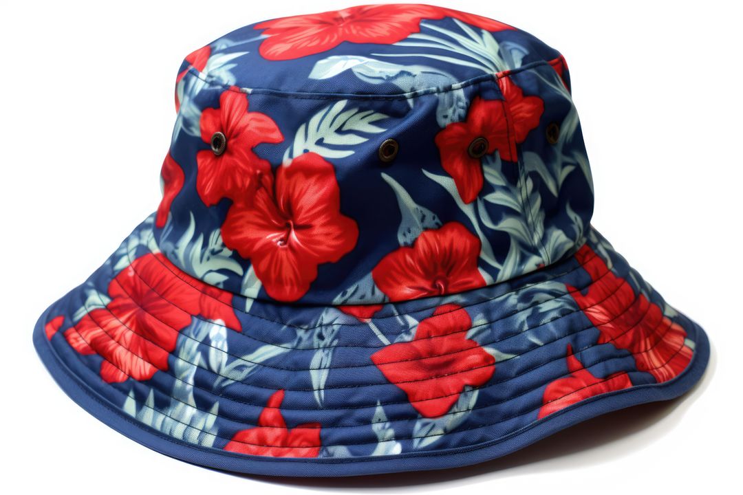 Blue bucket hat with red flowers on white background, created using generative ai technology - Free Images, Stock Photos and Pictures on Pikwizard.com