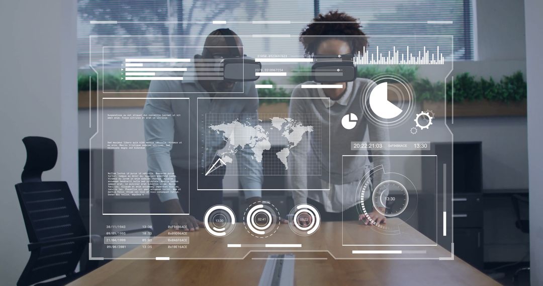Diverse Business Team Using VR Headsets Analyzing Data Visualization