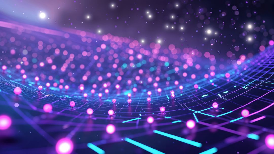 Futuristic Neon Grid with Glowing Orbs in Digital Realm