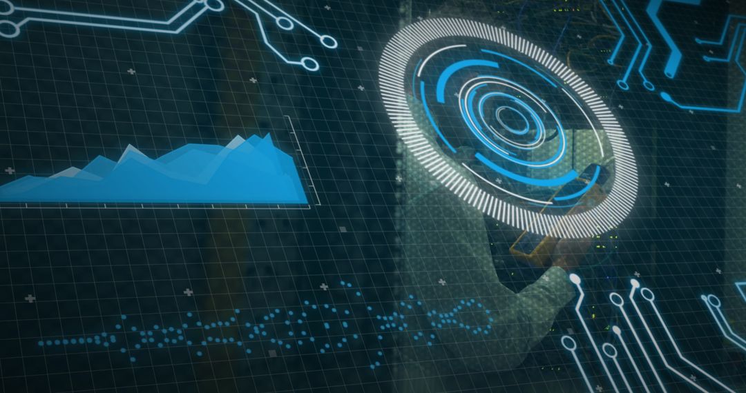 Futuristic Interface Overlaying Server Room Worker Analyzing Data