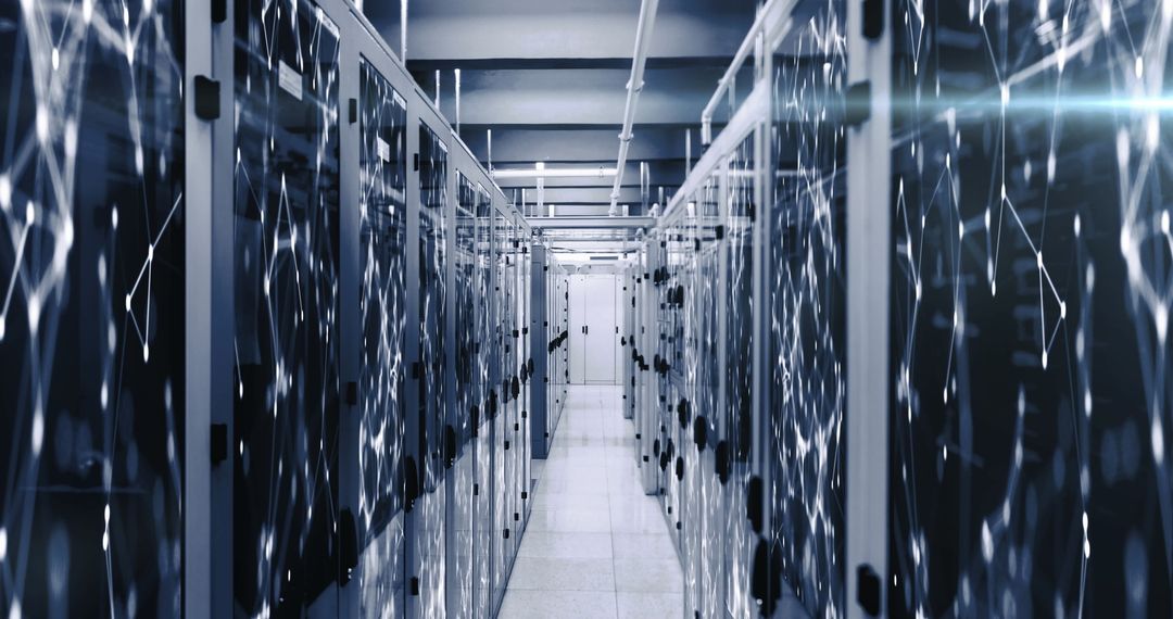 Futuristic Data Center with Digital Connections Overlay