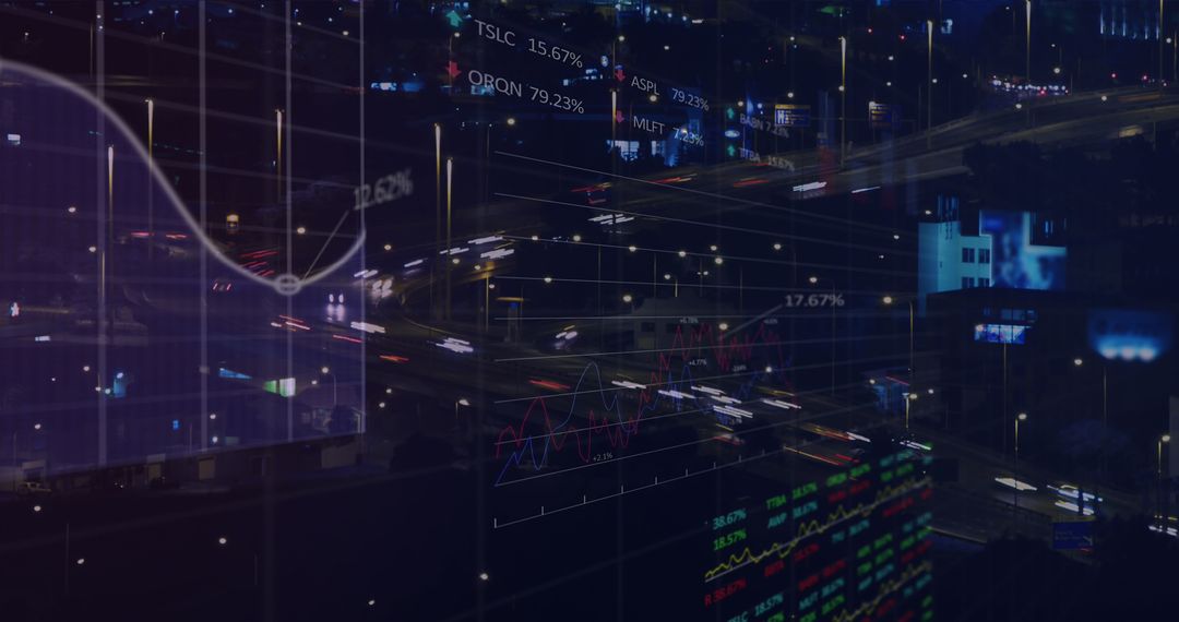 Financial Data Processing Overlay on Night Cityscape