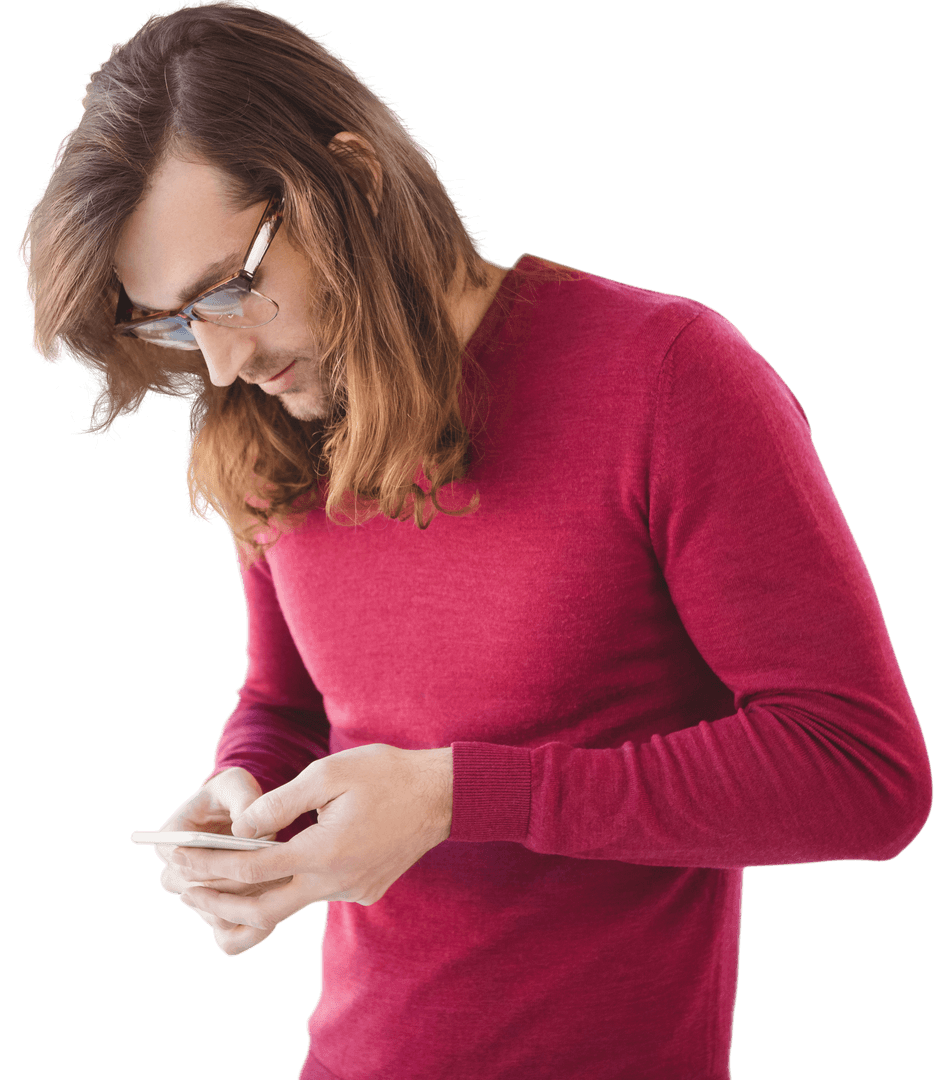 Hipster in Red Sweater Using Smartphone Transparent Background