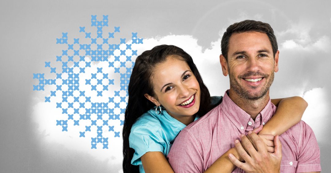 Composition of happy caucasian couple over snowflake and clouds - Free Images, Stock Photos and Pictures on Pikwizard.com