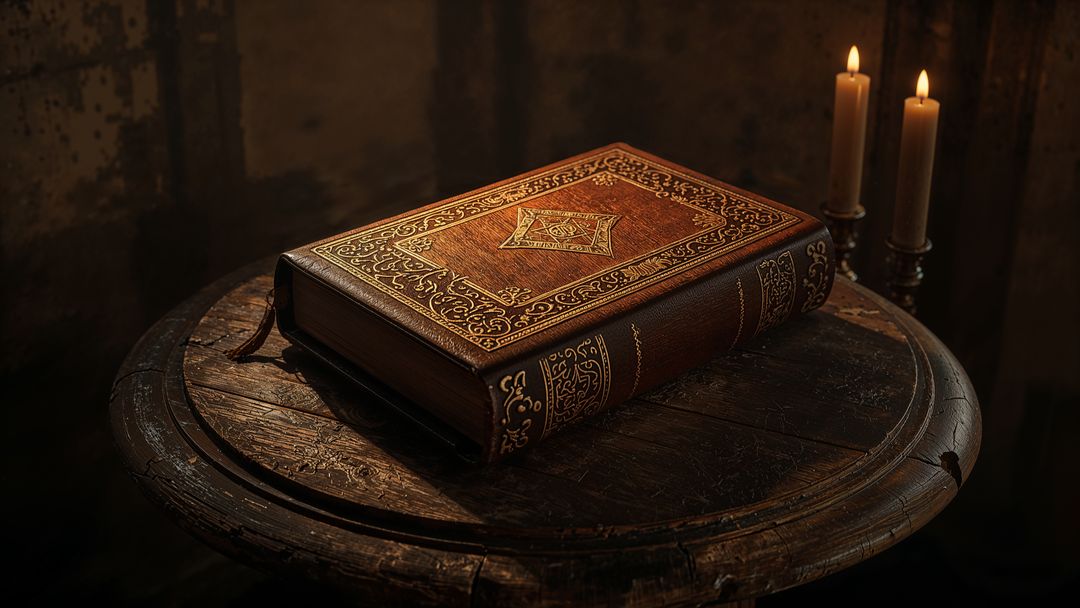 Ornate Leather-Bound Book with Engraved Buchbinding under Candlelight