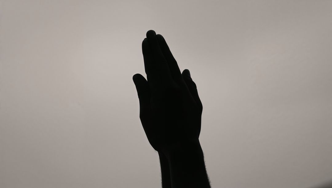 Praying Hands Silhouette Against Soft Gray Gradient Minimalist Vertical Composition