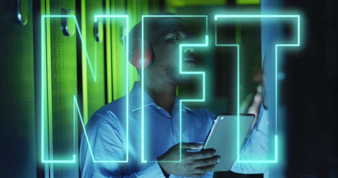 Technician Examining Servers with NFT Concept Overlay