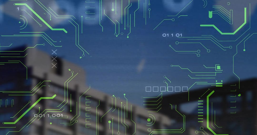 Futuristic Neon Circuitry Overlay on Construction Blueprint Background