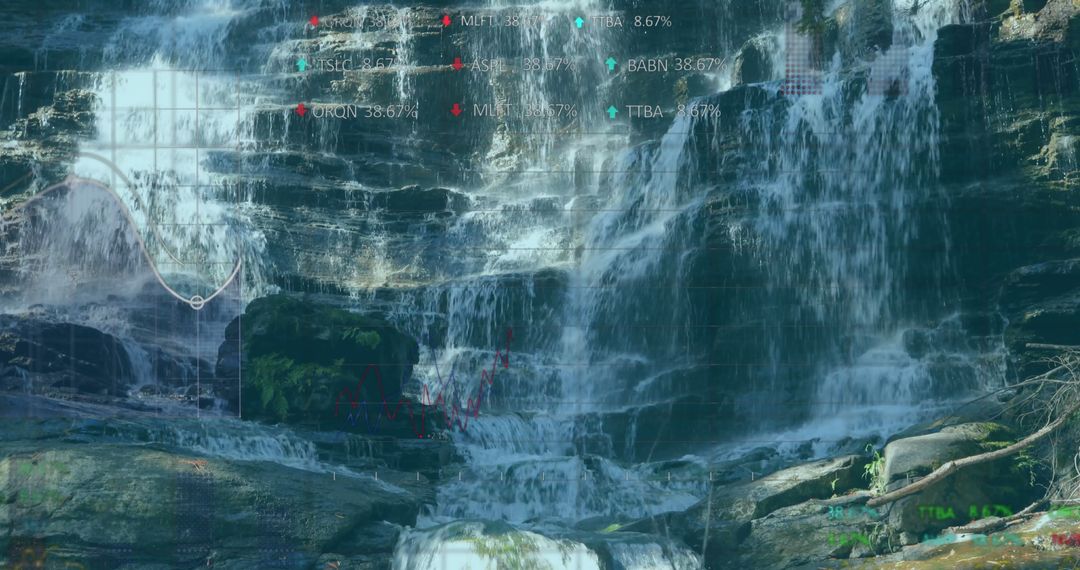 Natural Waterfall with Digital Finance Interface Displayed on Rocks