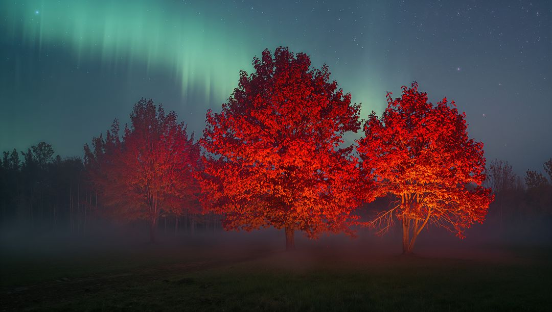 Northern Lights Over Red Autumn Trees, Misty Night Meadow with Glowing Foliage and Stars