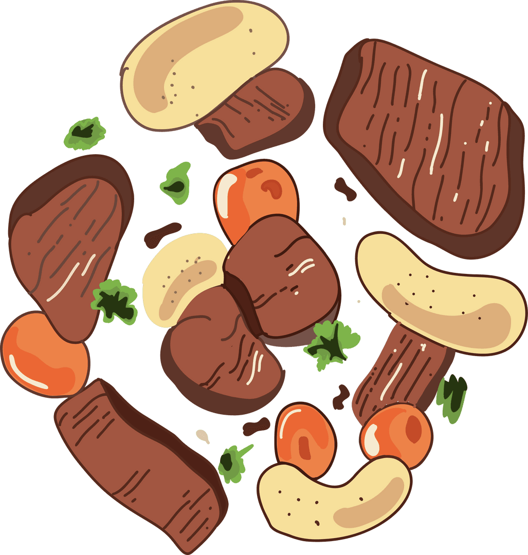 Floating Stylized Mushrooms with Herbs on Transparent Background