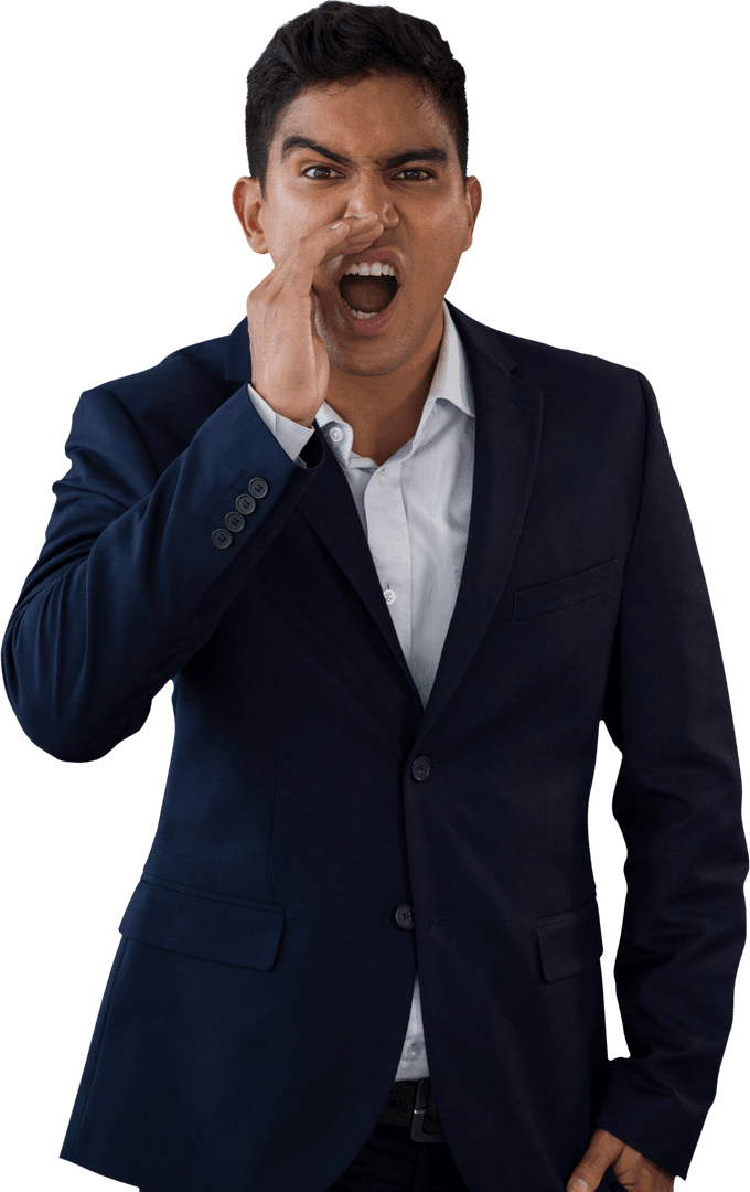 Transparent Businessman Shouting in Suit with Intensity