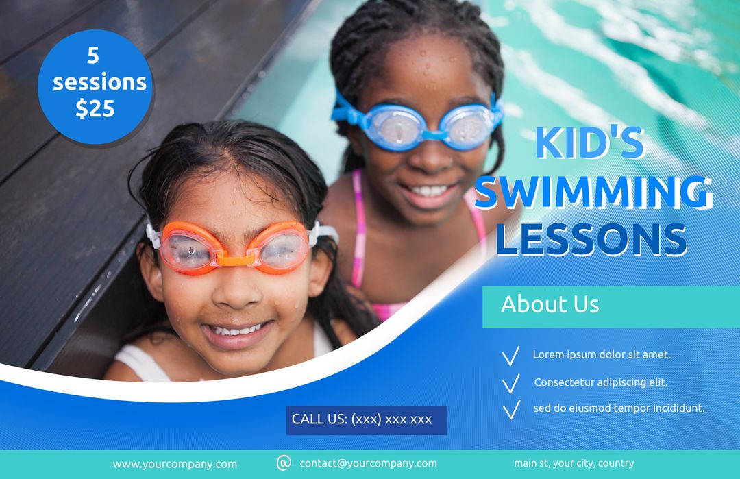 Kids Enjoying Swimming Lessons with Goggles in Pool - Download Free Stock Templates Pikwizard.com