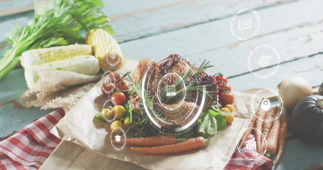 Rustic roasted poultry resting on parchment with fresh vegetables and futuristic HUD overlay