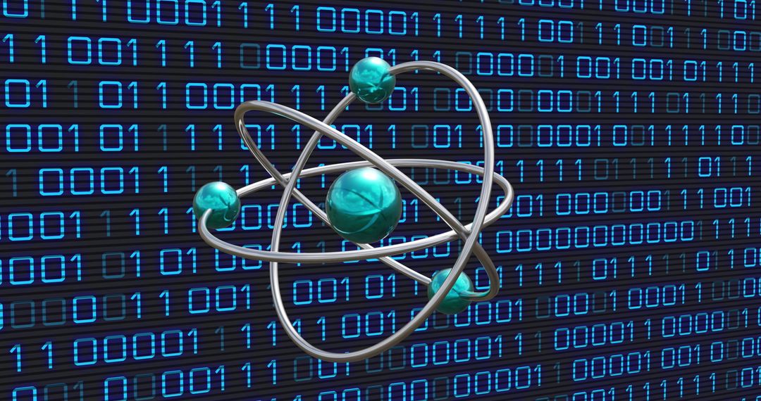 Atomic model symbolizing concepts of data coding and quantum computing
