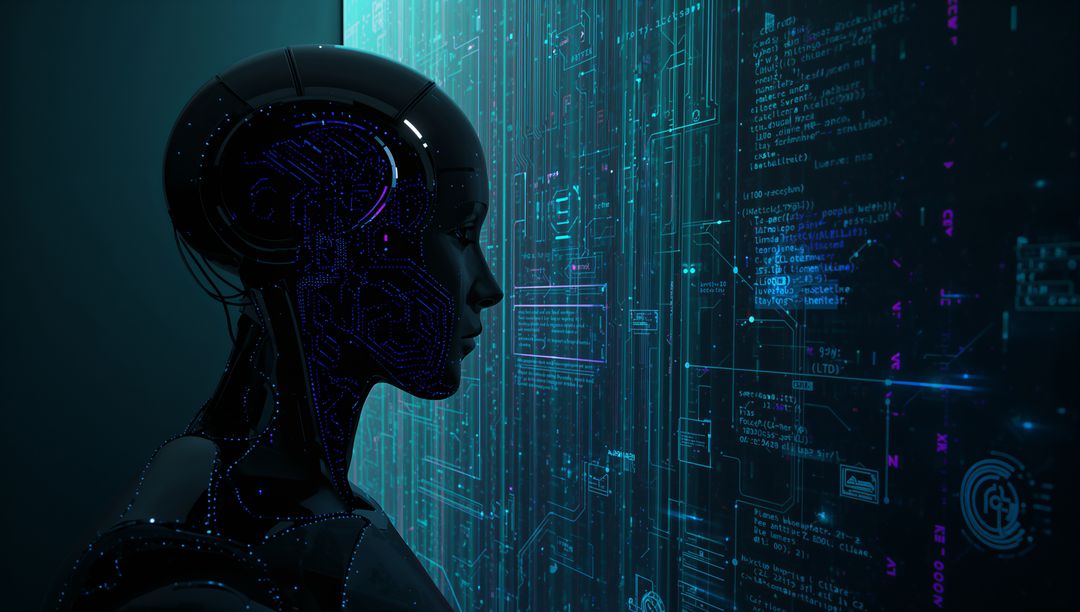Humanoid android studying holographic code on neon tech interface, futuristic AI concept