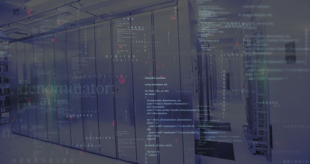 Code Overlay on Aisle of Server Cabinets in Data Center