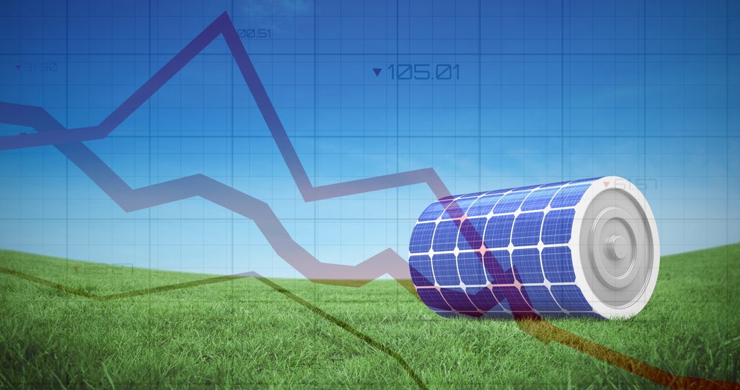Solar Energy Battery on Grass Background with Financial Graphs Overlay