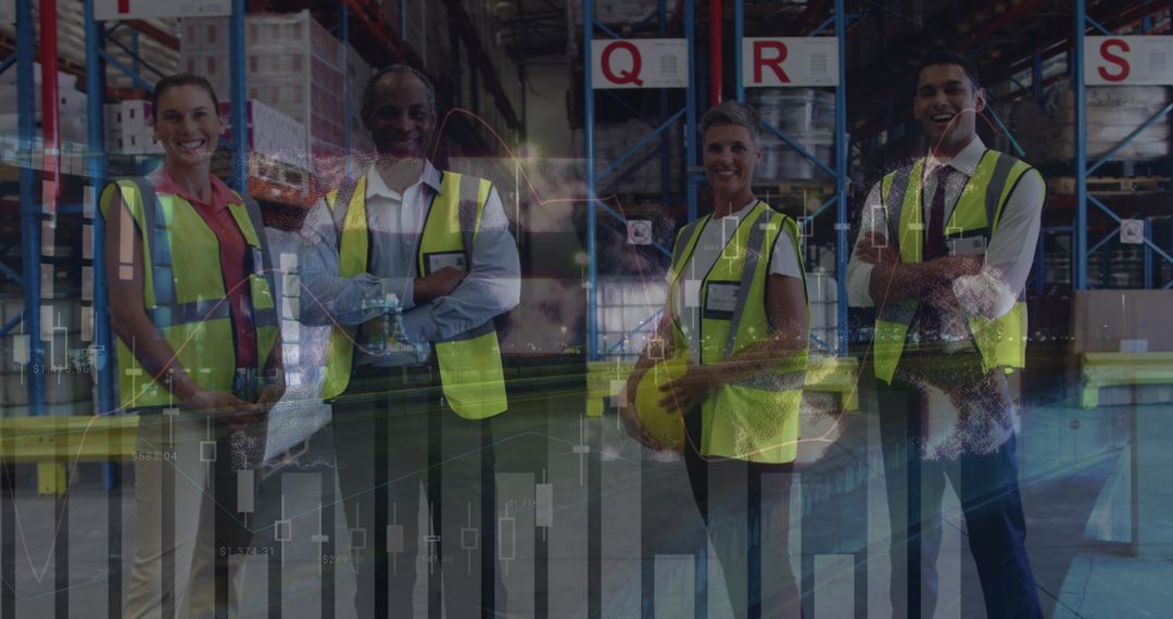 Diverse Team of Warehouse Workers with Technological Overlay