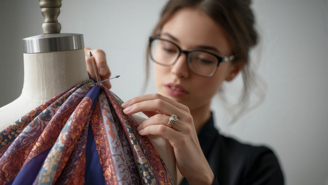 Designer Skillfully draping fabric on mannequin in studio