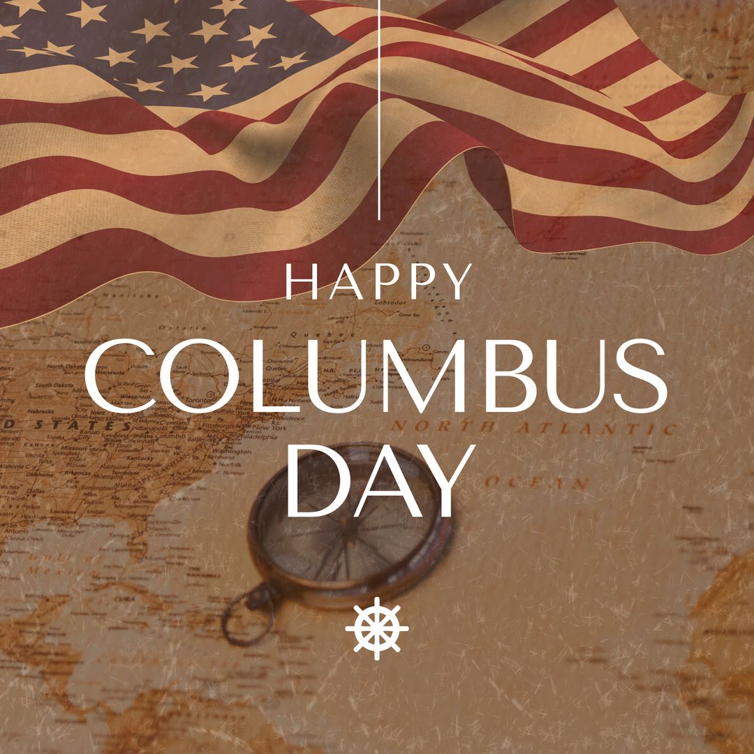 Happy Columbus Day Backdrop with USA Flag and Vintage Compass